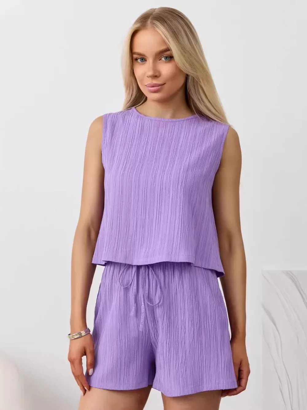 Textured Round Neck Tank and Shorts Set, image 32