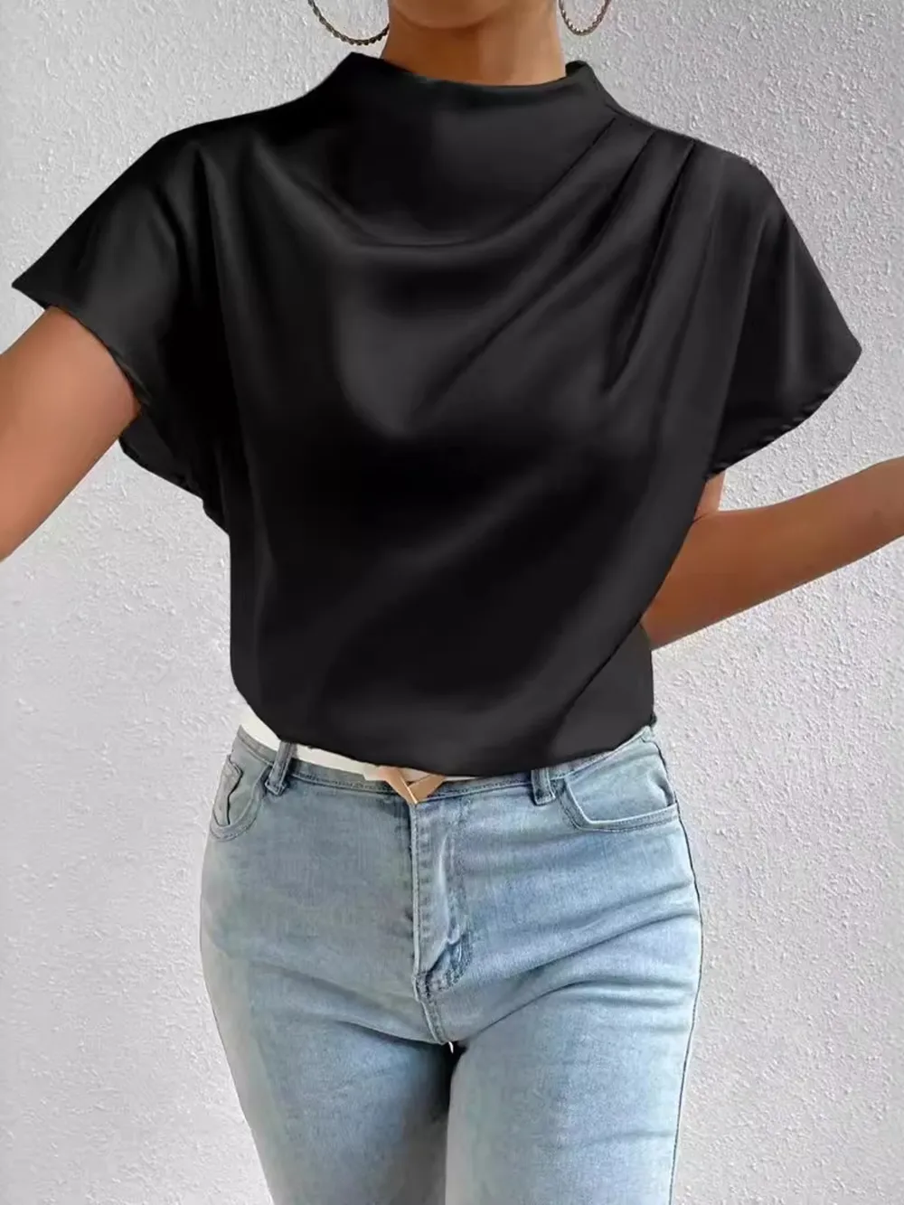 Mock Neck Short Sleeve Satin Blouse, image 6