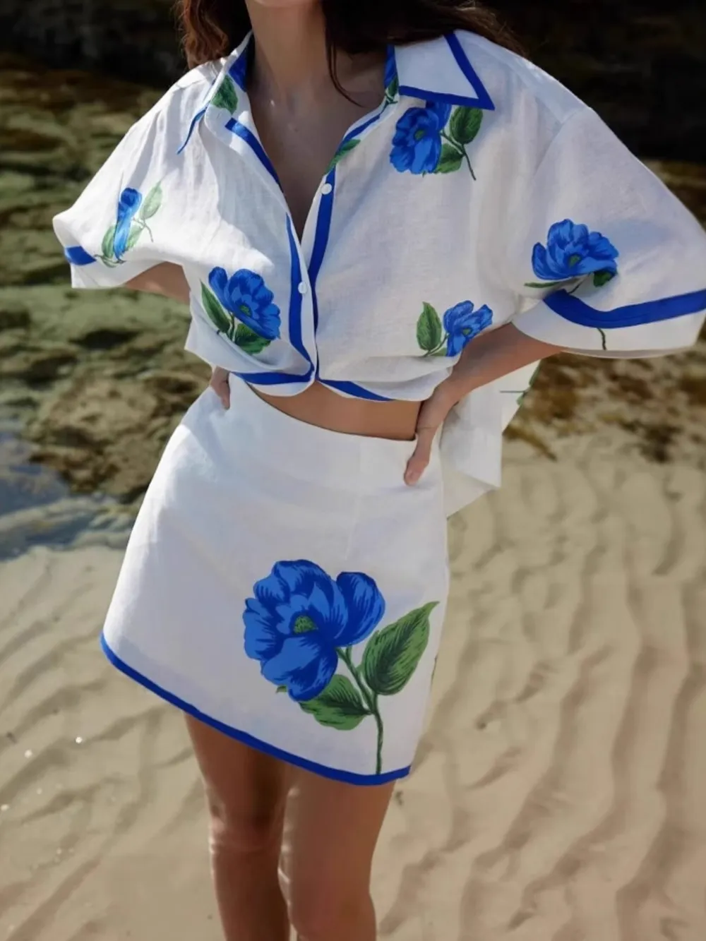 Floral Print Button-Up Shirt and Mini Skirt Set, image 2