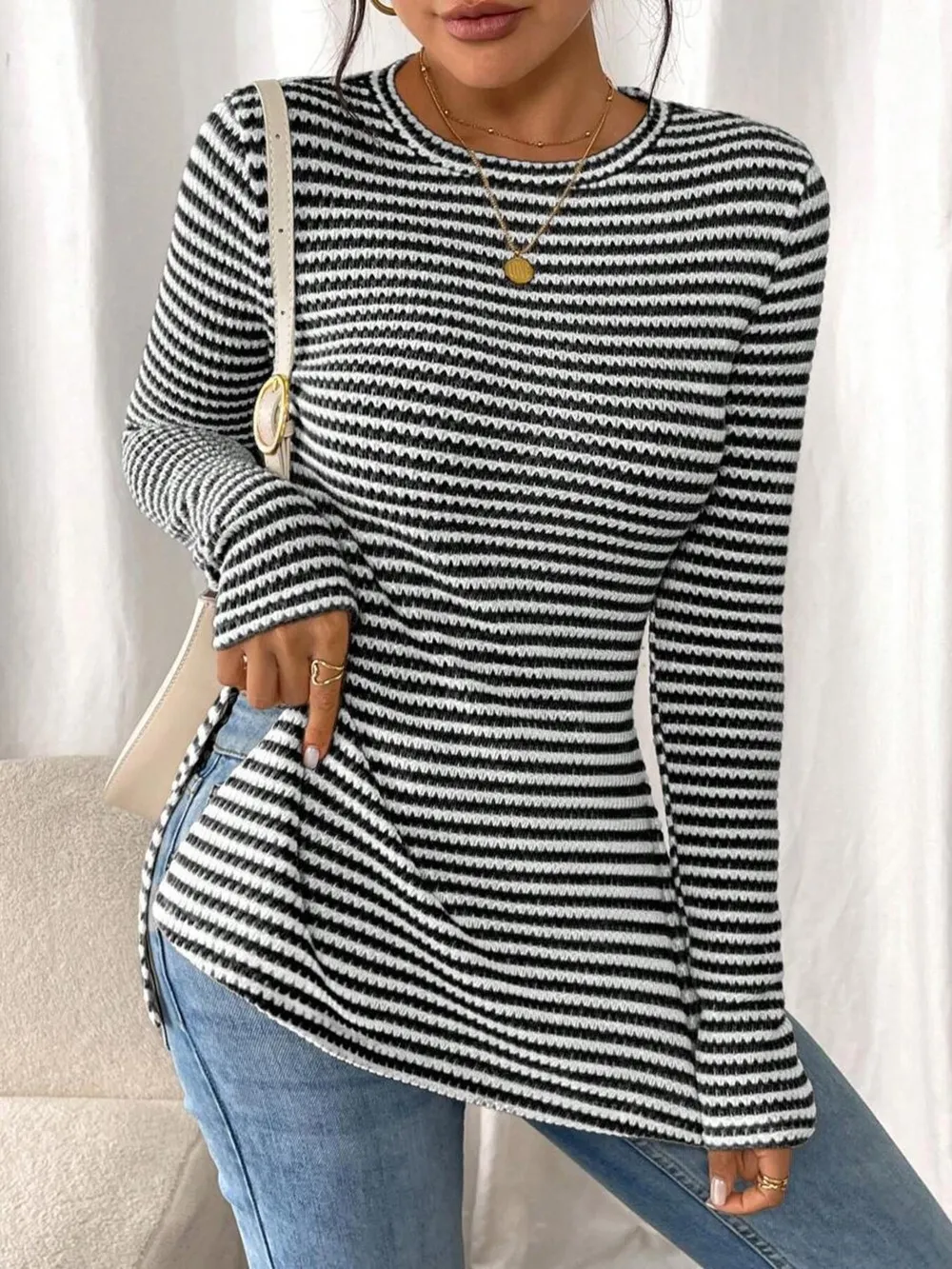 Side Slit Striped Long Sleeve T-Shirt, image 14