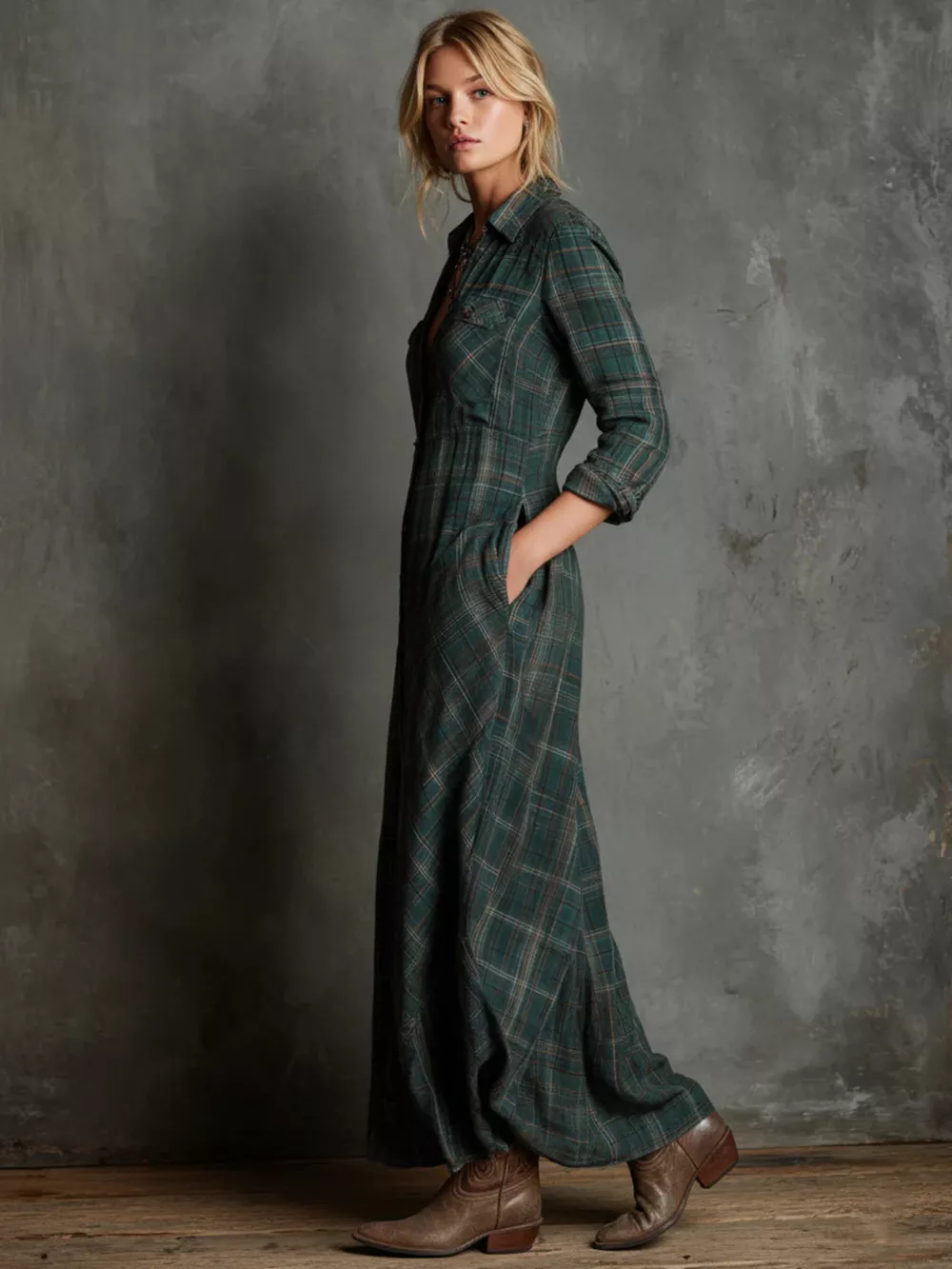 Vintage Plaid Button-Down Maxi Shirt Dress, image 2