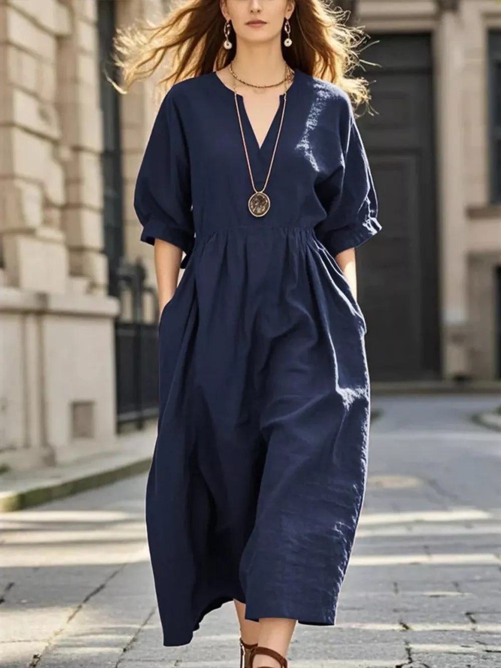 Notched Half Sleeve Midi Dress, image 3