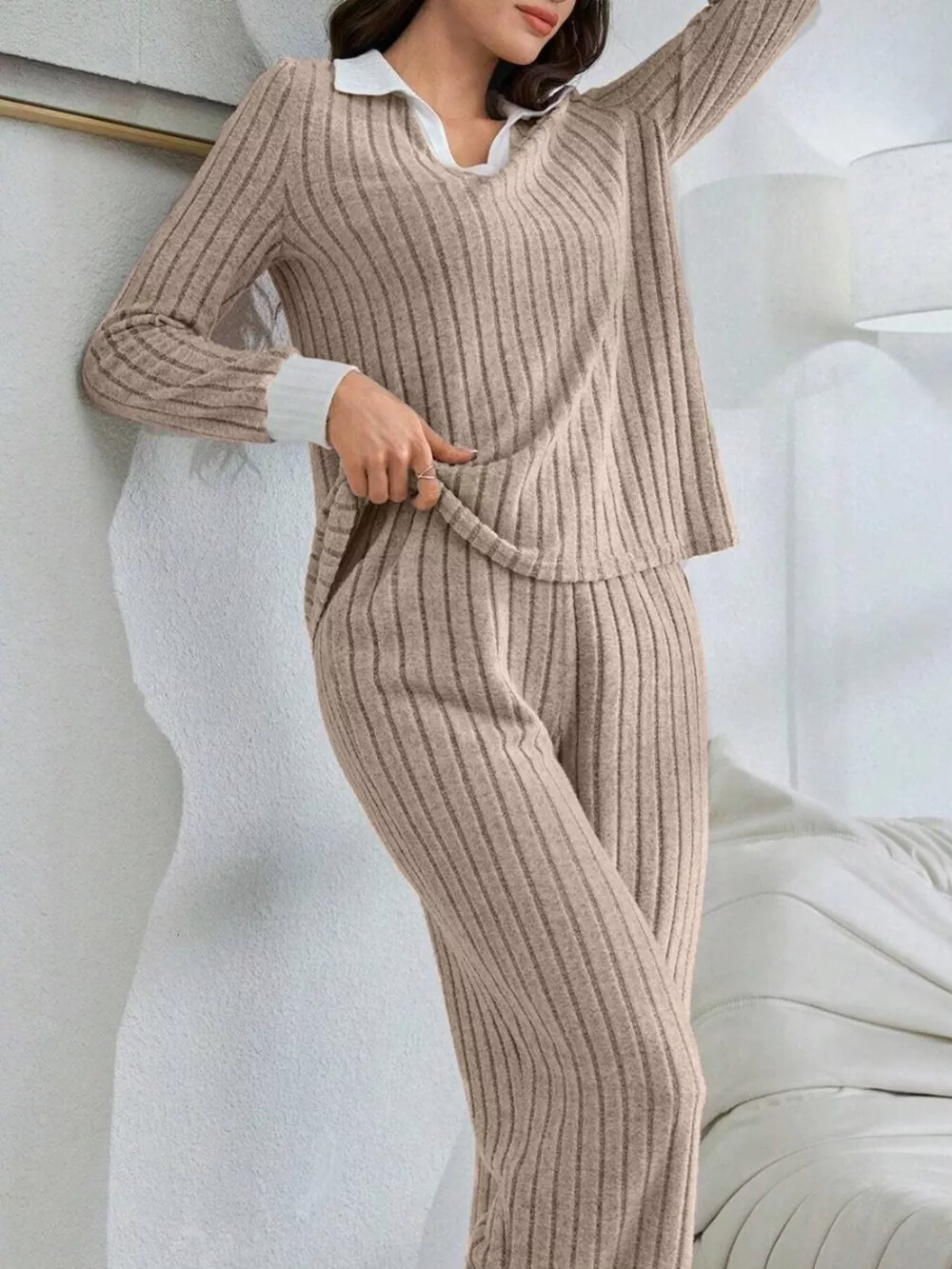 Ribbed Knit Polo Collar Top and Pants Lounge Set, image 10