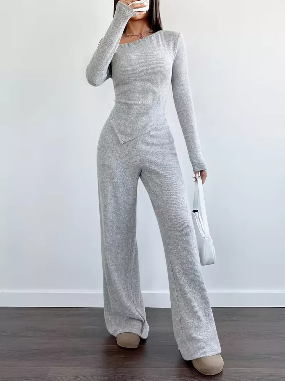 Chic One-Shoulder Asymmetrical Top and Wide-Leg Pants Set, image 8