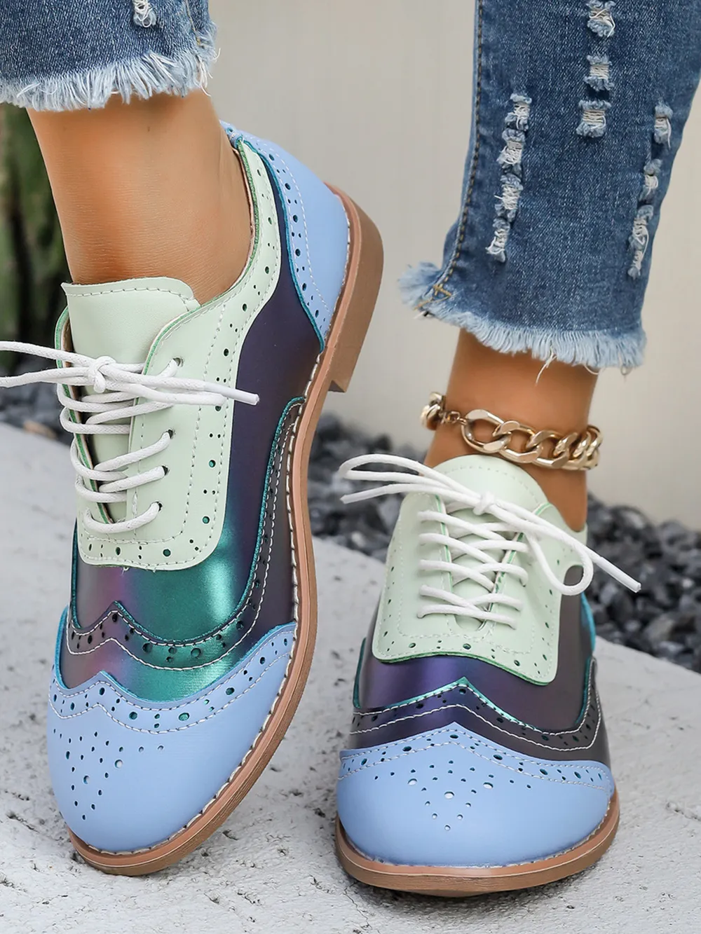 Round Toe Flats Color Block Loafers, image 6