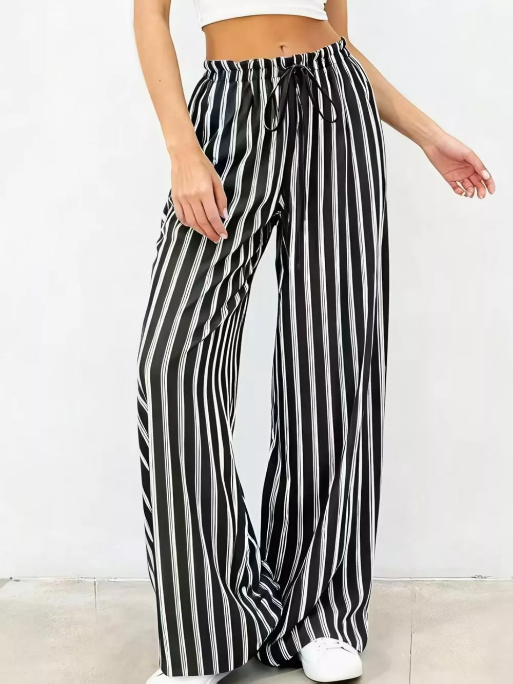 Striped Wide-Leg Drawstring Pants