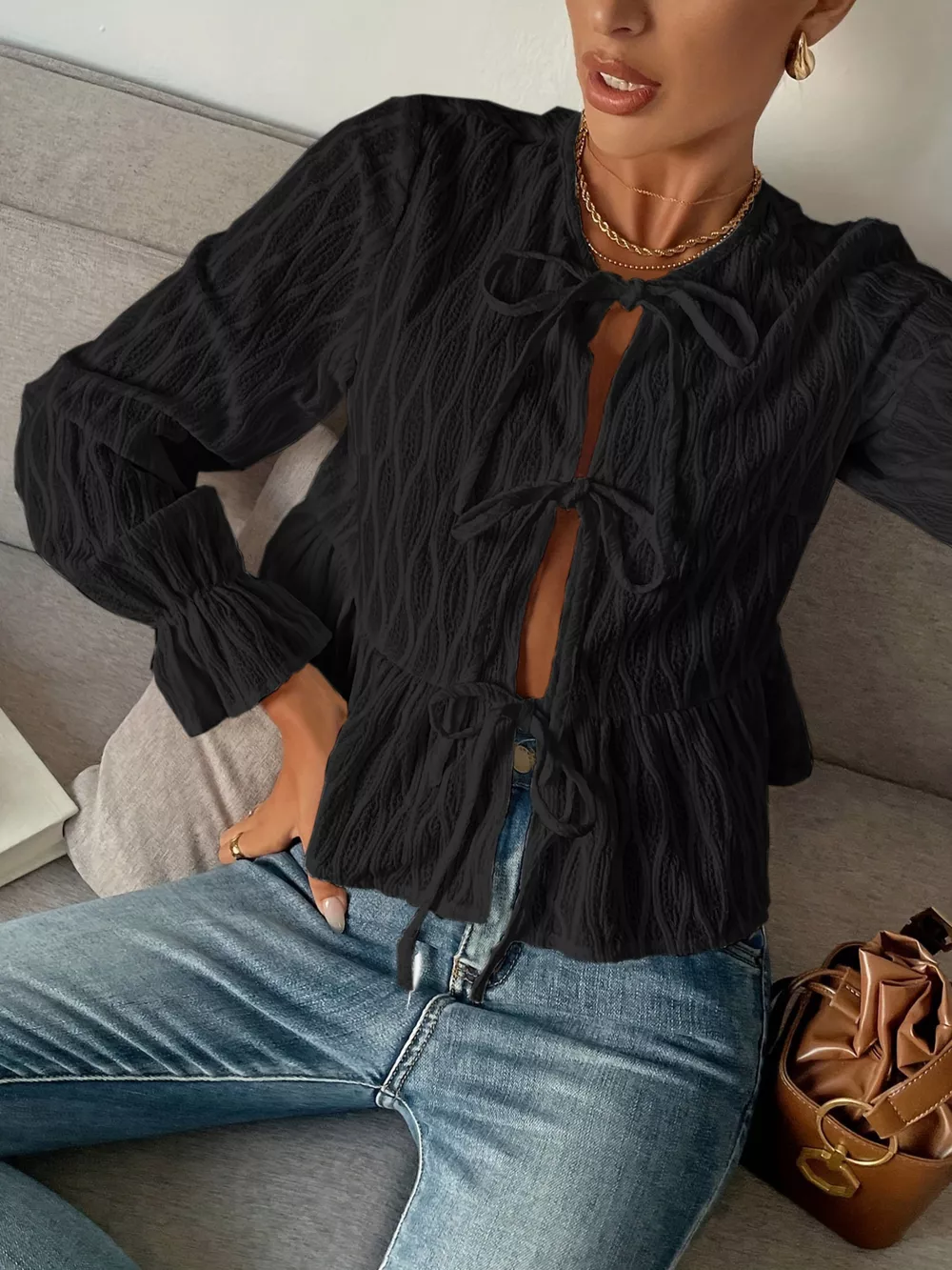 Tie Front Flounce Sleeve Blouse, image 8