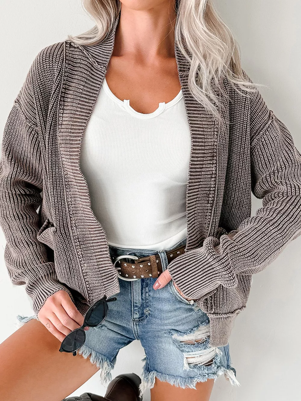 Mineral Wash Exposed Seam Patchwork Knit Open Sweater Cardigan, image 11