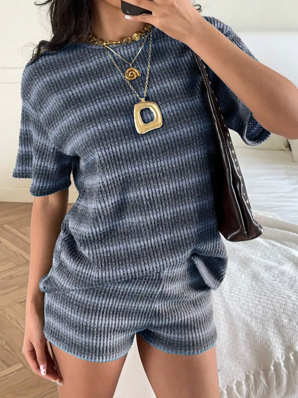 Striped Textured Knit Top and Shorts Set, image 6
