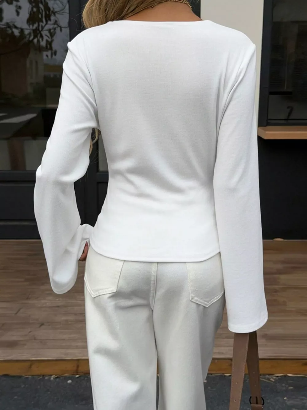 Elegant V-Neck Wrap Asymmetrical Blouse with Flared Sleeves, image 10