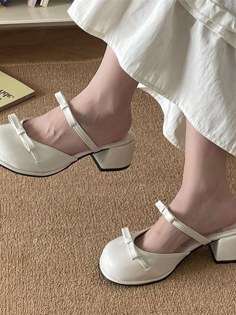 Bow Round Toe Block Heel Sandals, image 4