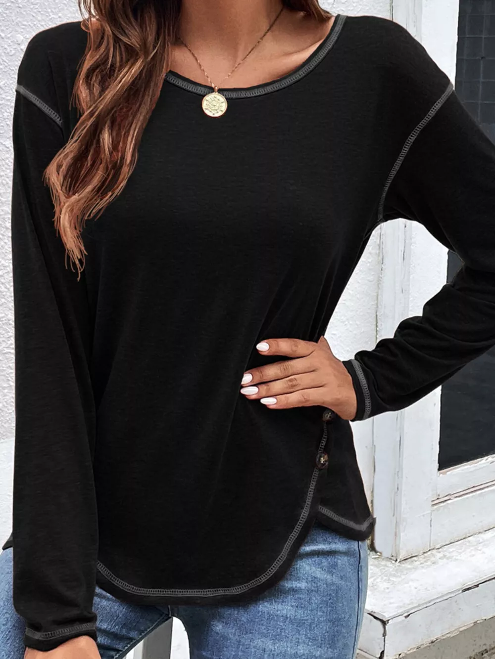 Casual Long Sleeve Exposed Seam T-Shirt with Decor Button, image 5