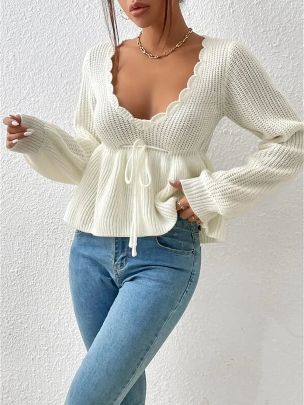 Scalloped V-Neck Drawstring Knit Top, image 6
