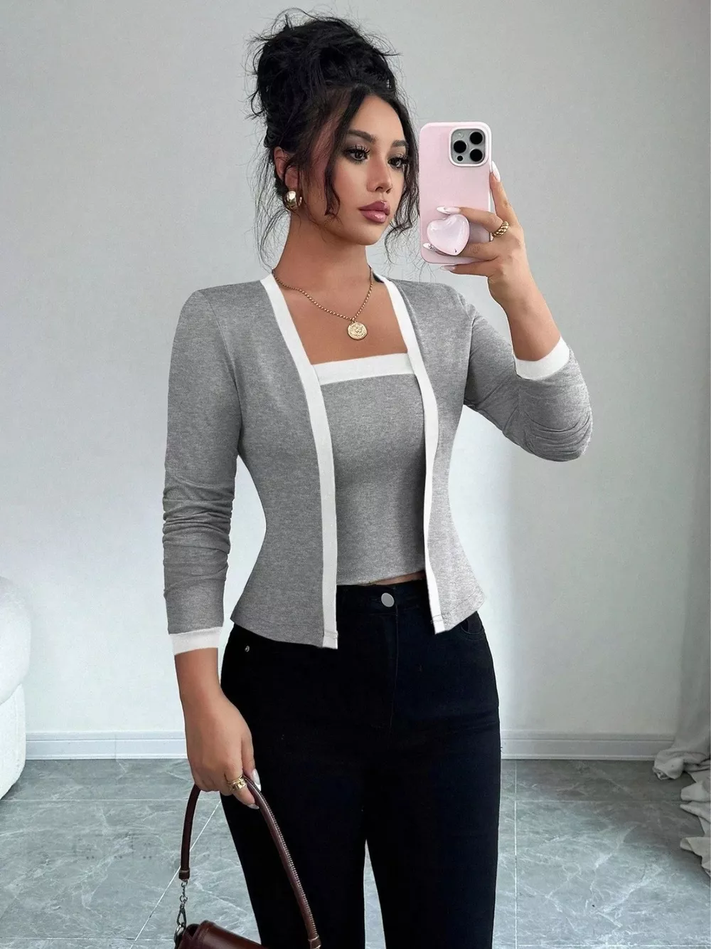 Contrast Trim Cardigan & Tank Top Set, image 8