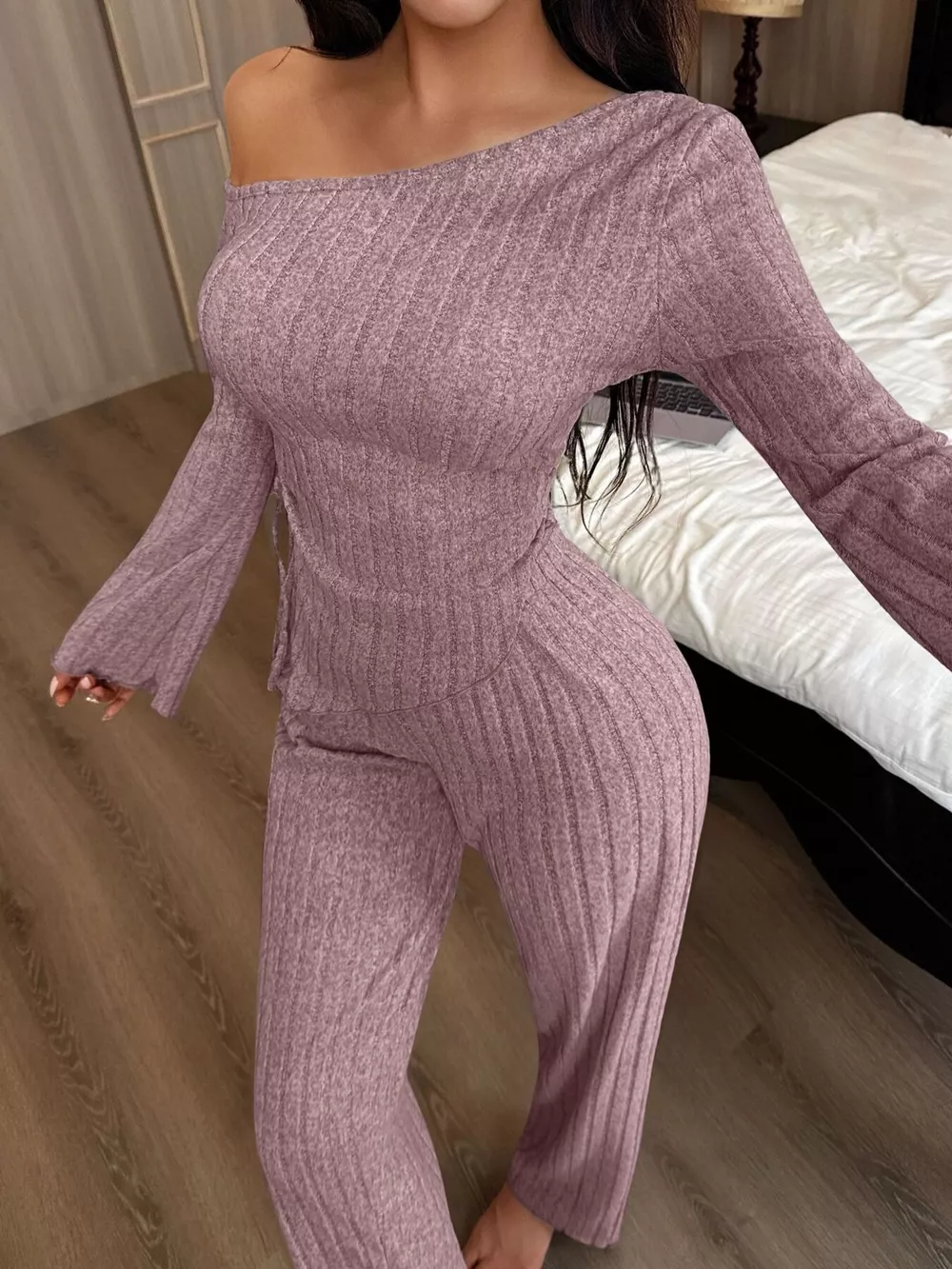 One-Shoulder Ribbed Knit Top and Pants Set, image 4