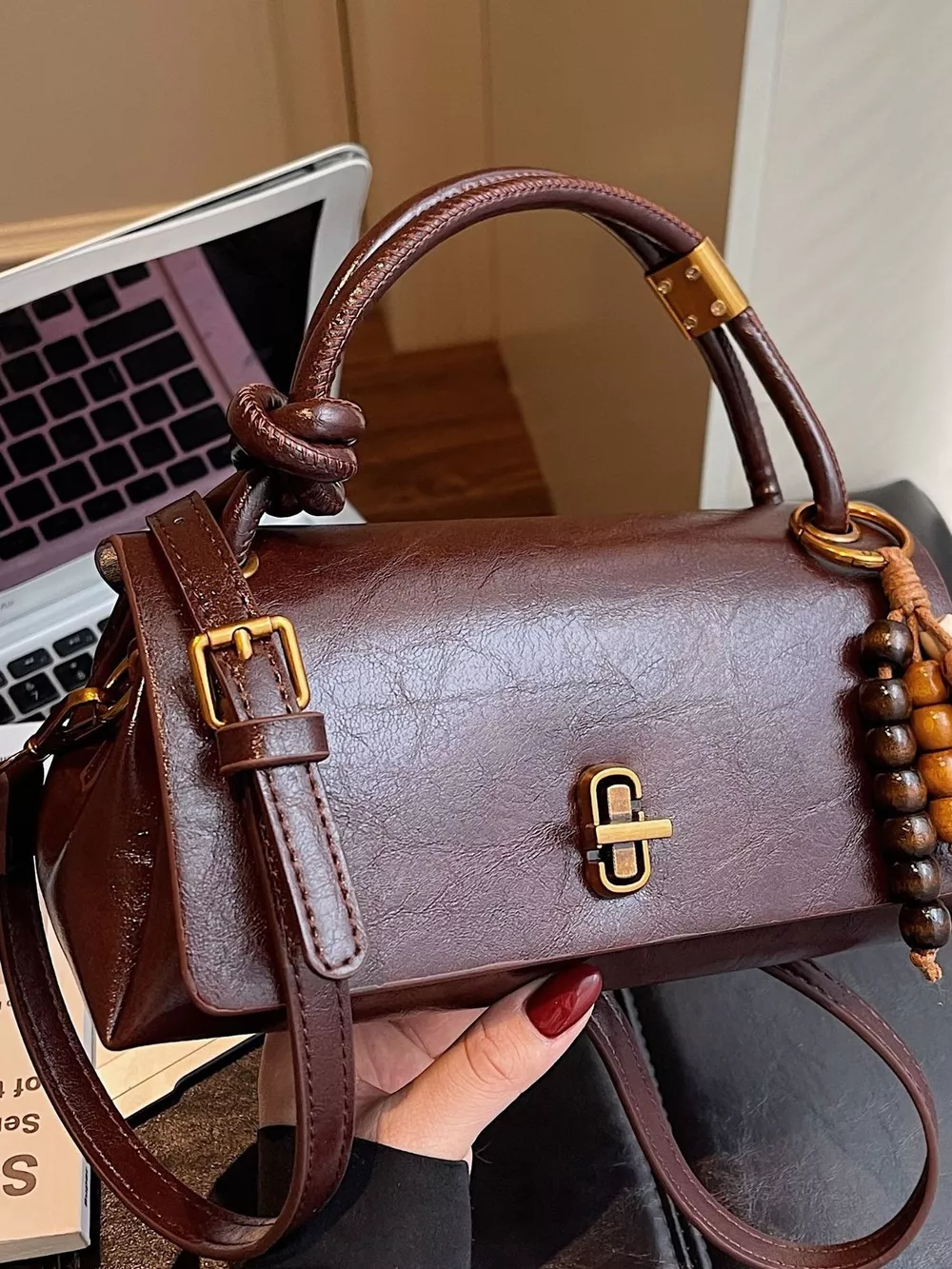 Leather Crossbody Bag with Bead Charm, image 3