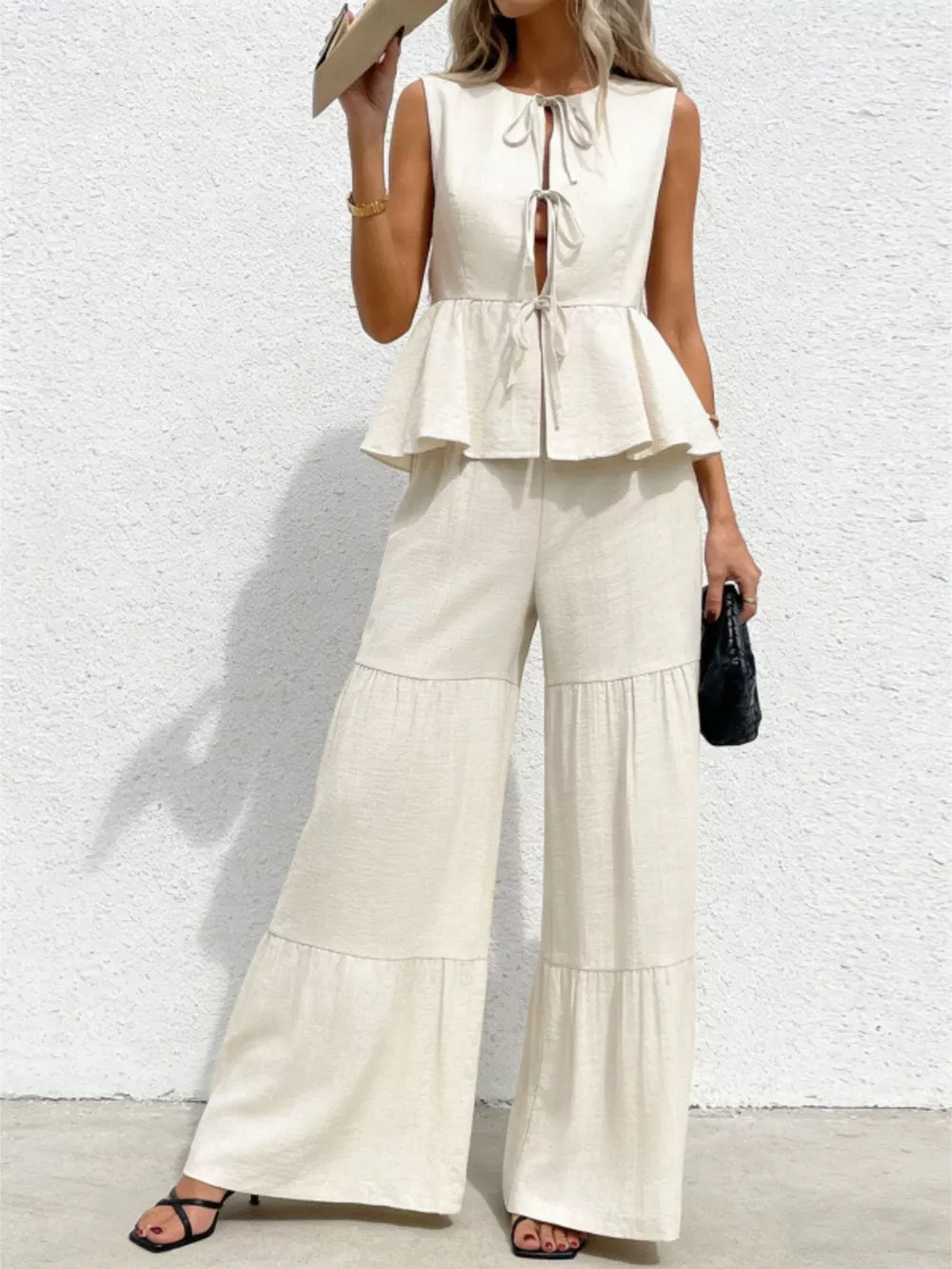 Sleeveless Tie-Front Top and Wide Leg Pants Set, image 3