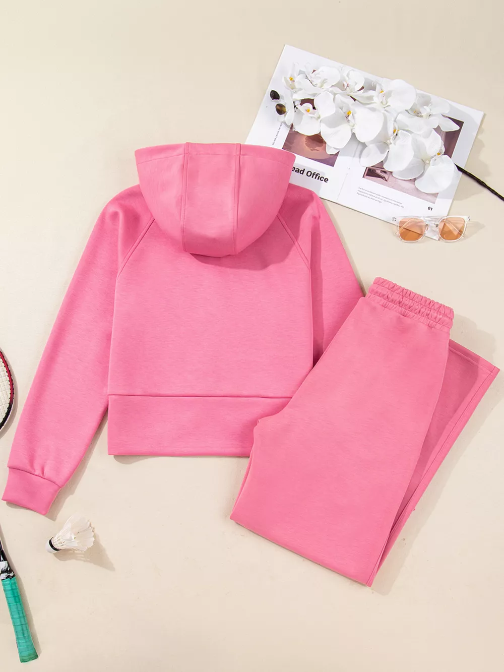 Solid Color Zip Up Hoodie Drawstring Loose Pants Set, image 12
