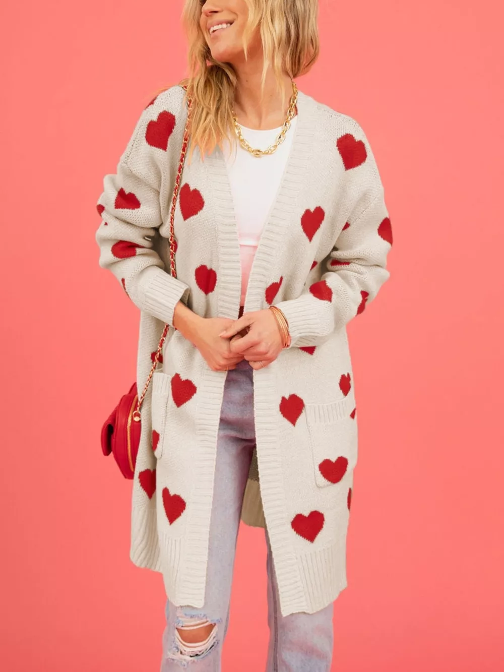 Heart Pattern Open Front Longline Cardigan, image 5