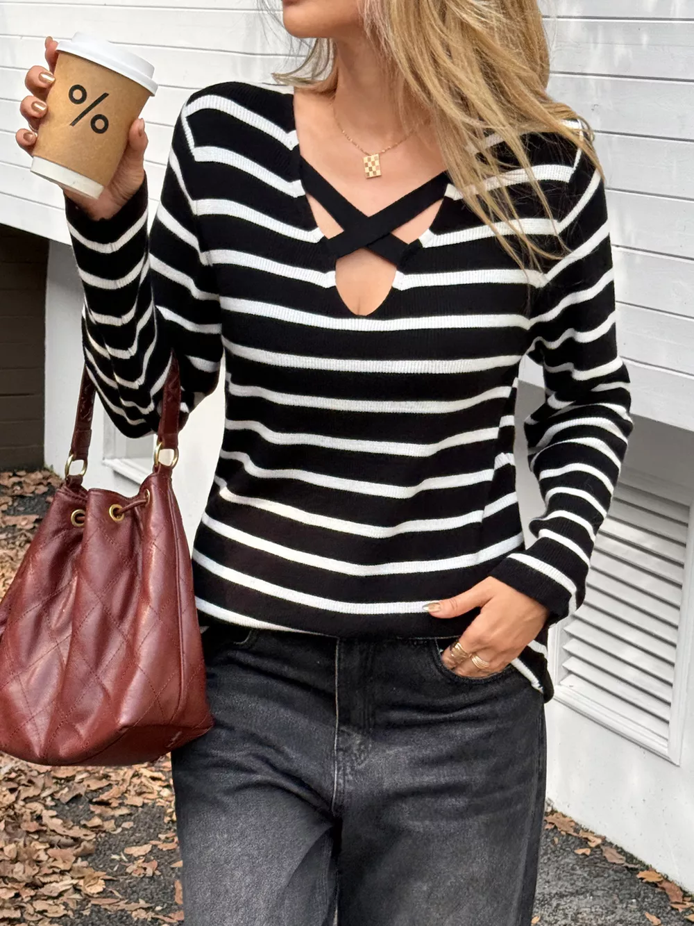 Striped Cross Front Long Sleeve Knit Top