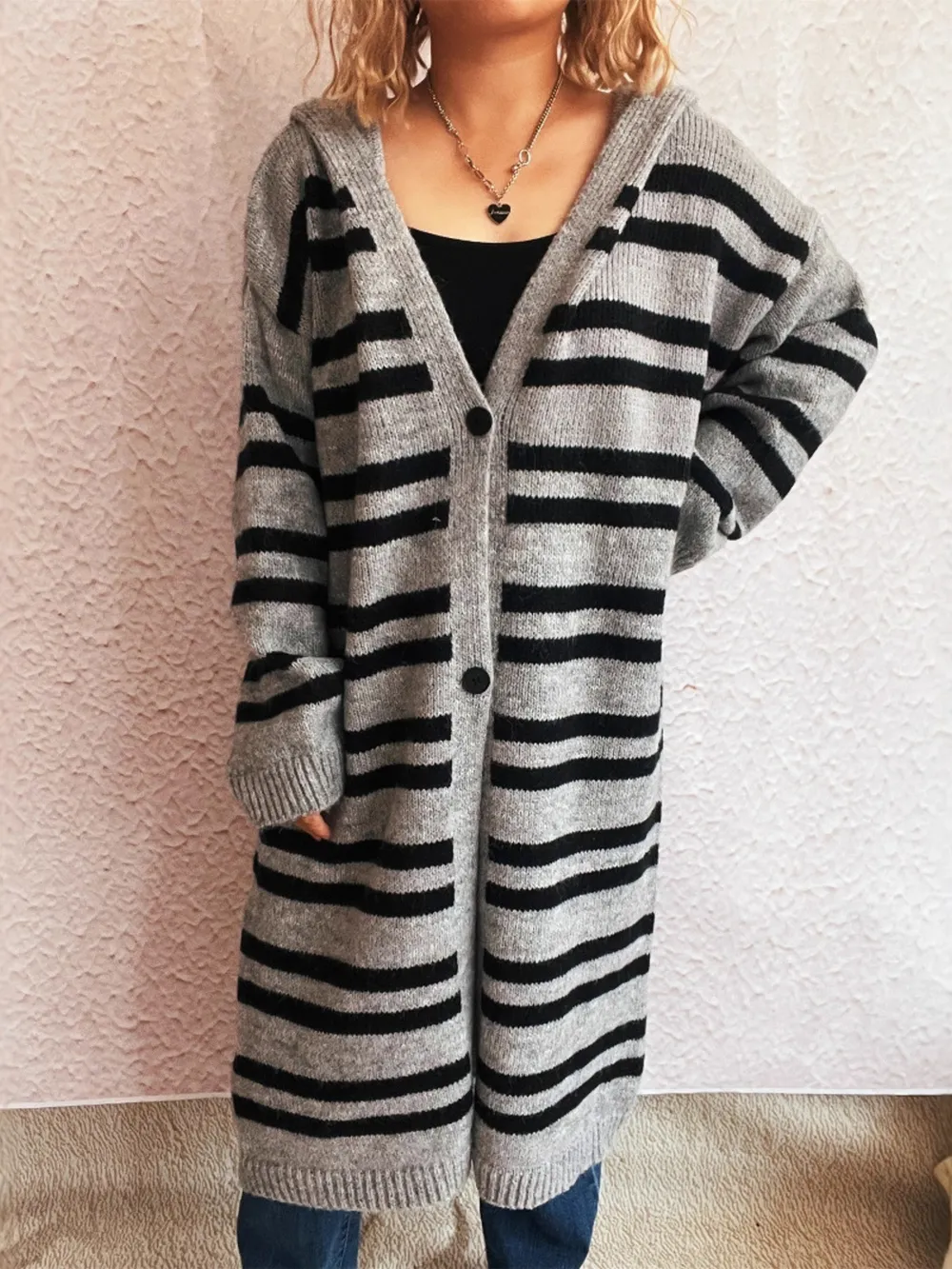 Striped Open Front Hooded Cardigan, image 13