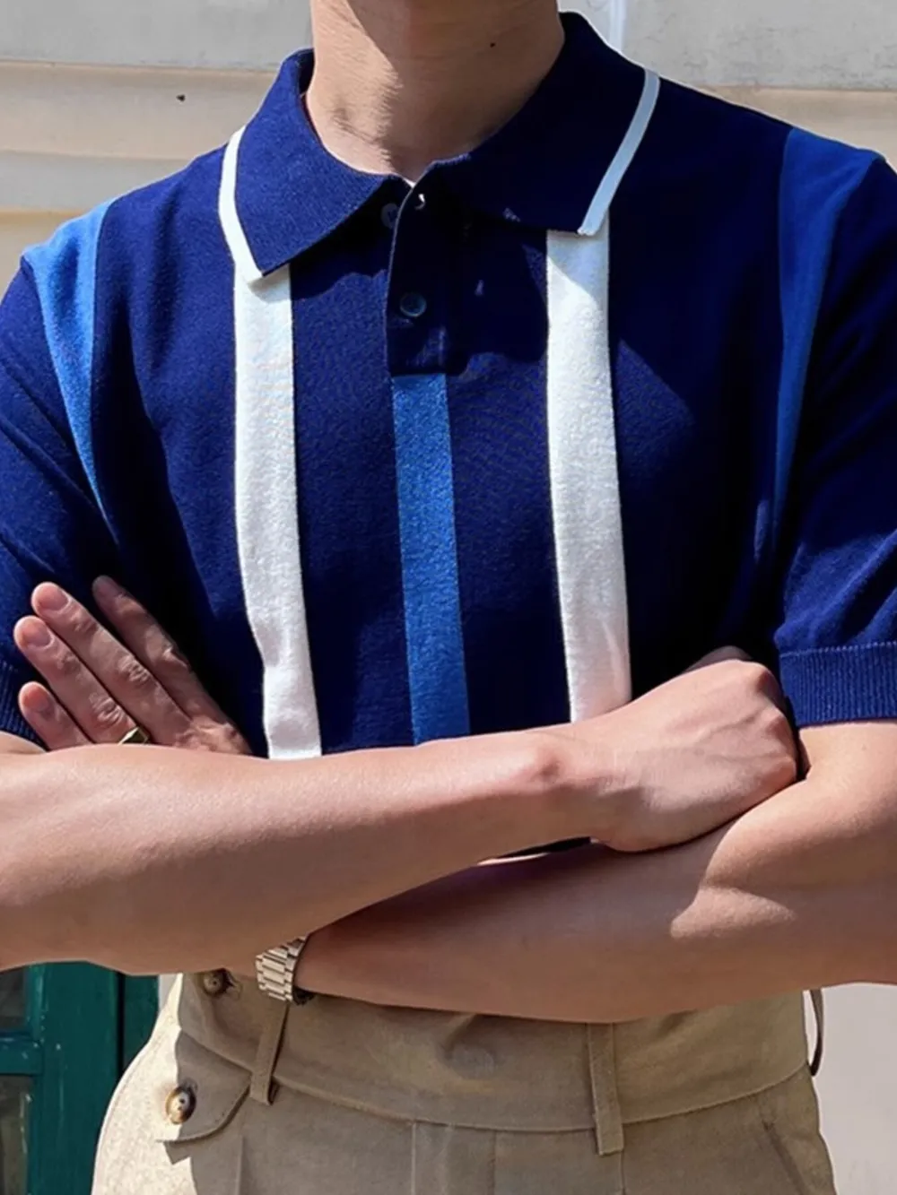 Men's Plus Size Striped Short Sleeve Polo, image 2