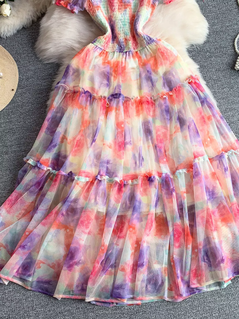Smocked Floral Tiered Mesh Midi Dress, image 16