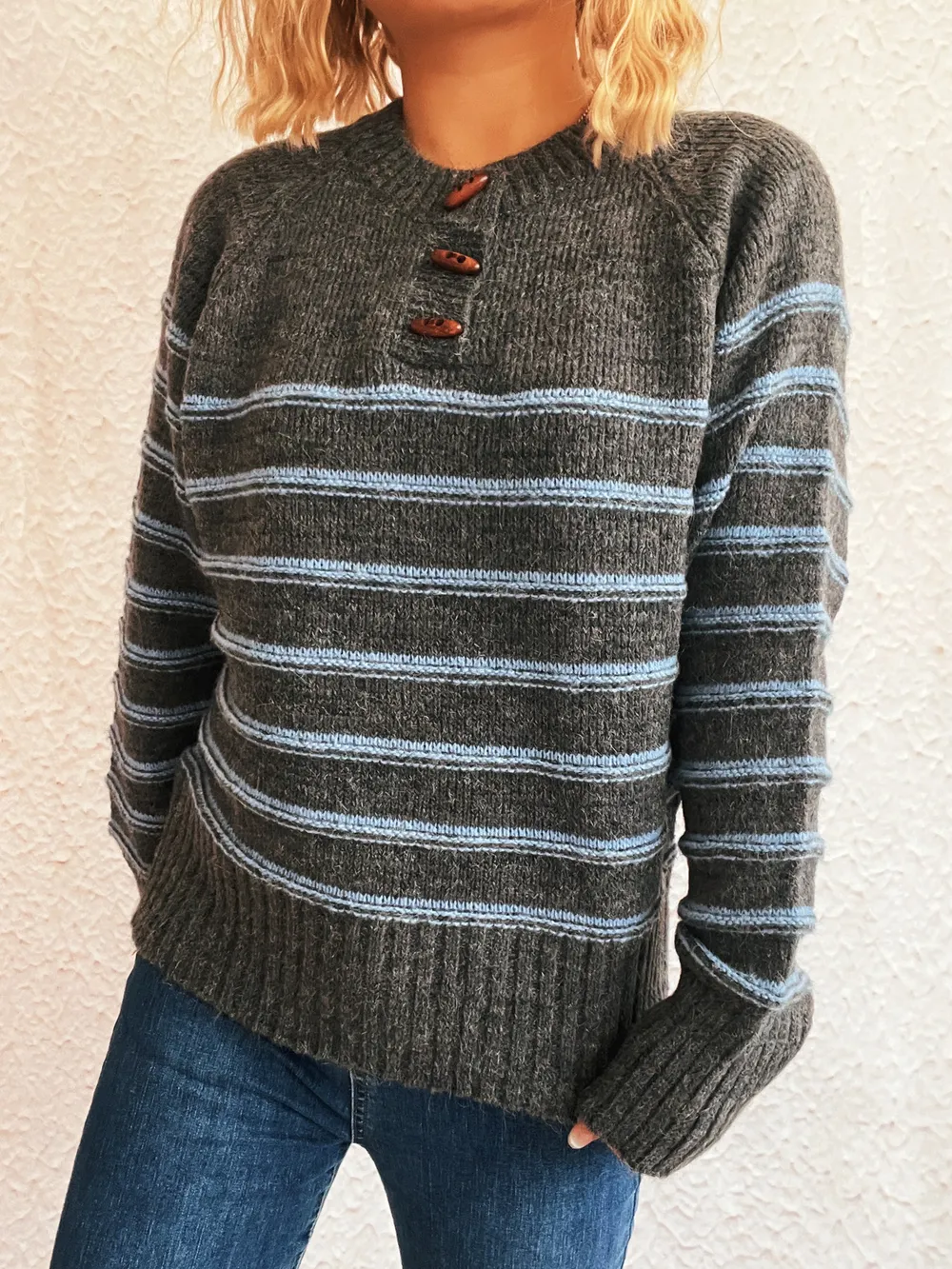 Striped Button Detail Long Sleeve Sweater, image 14
