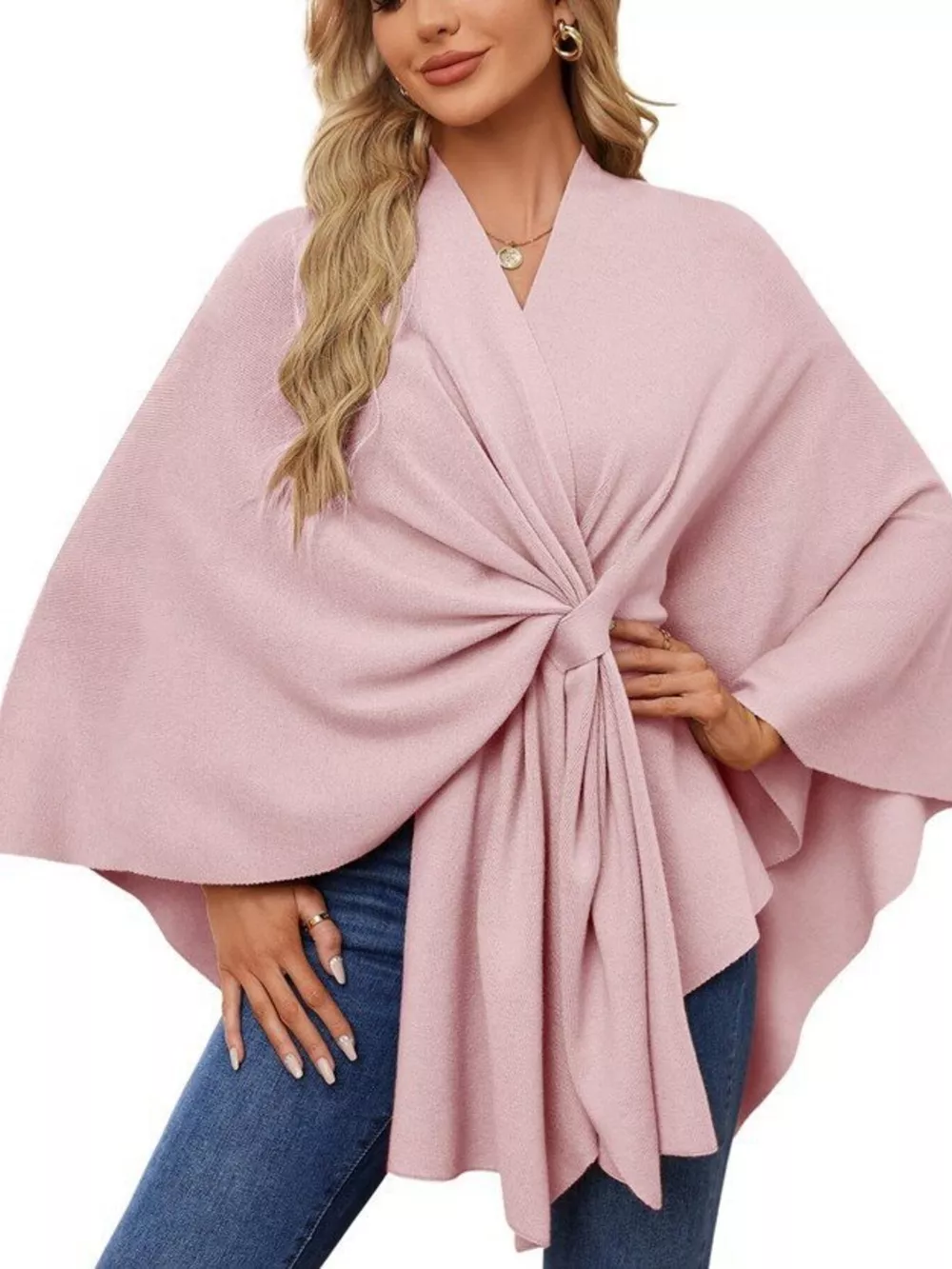 Solid Color Tie-Front Knit Cape Top, image 27