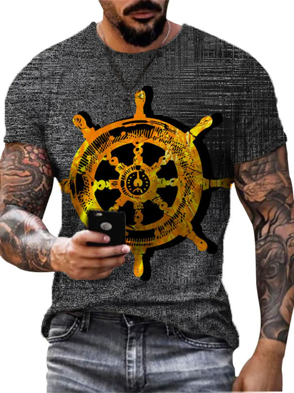 Men's Full Size Artistic Compass Graphic Round Neck T-Shirt Plus Size, image 6