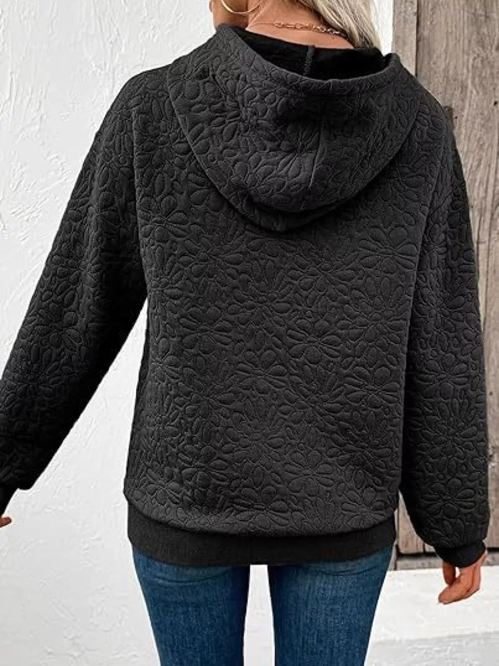 Textured Floral Embossed Drawstring Hoodie, image 4