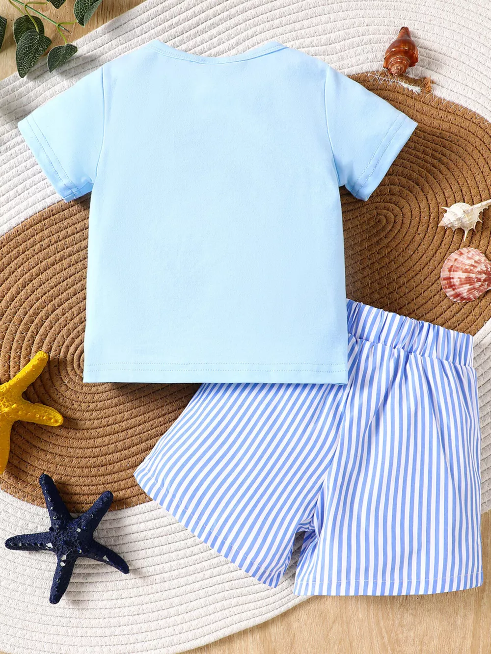 Children's Shark Embroidered T-shirt and Striped Shorts Set, image 5