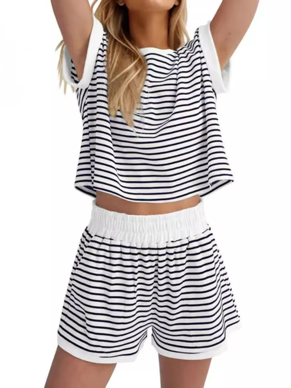 Full Size Contrast Striped T-Shirt and Shorts Set Plus Size, image 3