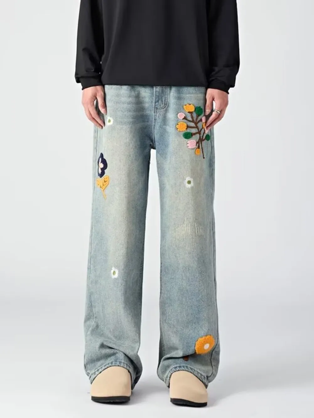 Men's Embroidered Wide Leg Jeans