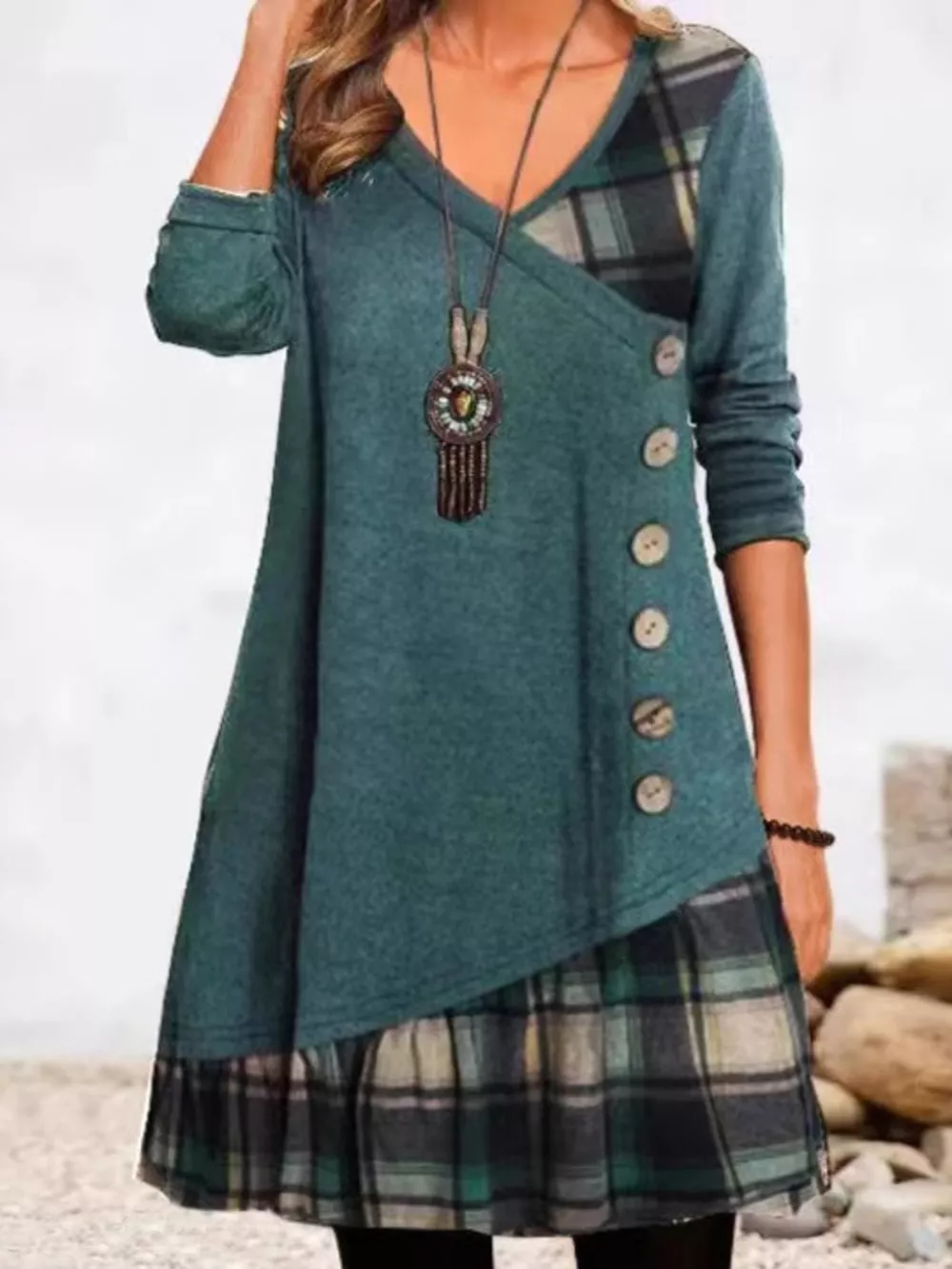 Full Size Asymmetrical Plaid Patchwork Long Sleeve Dress Plus Size, image 6