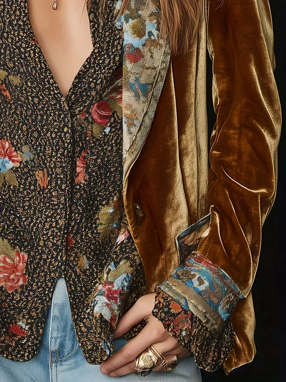 Floral Lapel Collar Velvet Blazer, image 2