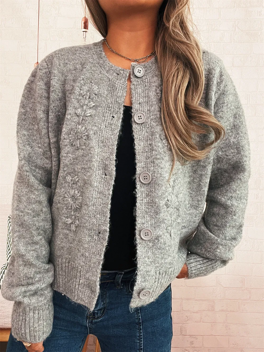 Flower Button Up Ribbed Hem Cardigan, image 19