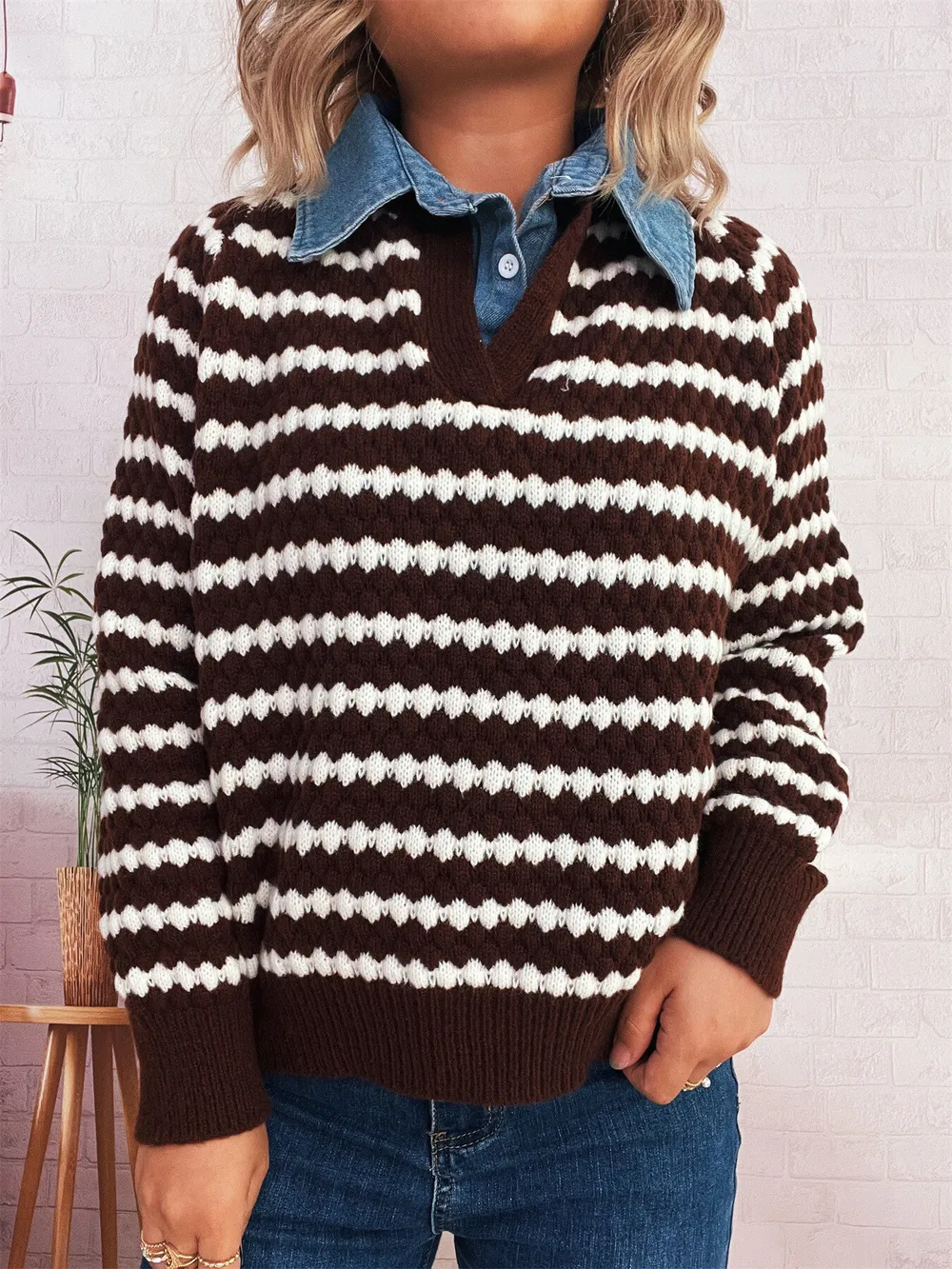 Contrast Striped Sweater with Denim Collar, image 29