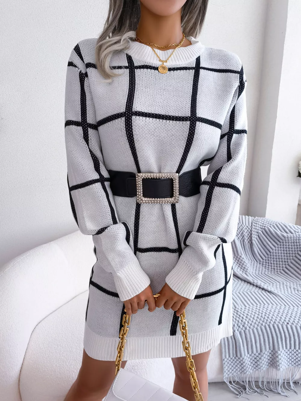 Plaid Pattern Long Sleeve Sweater Dress, image 21