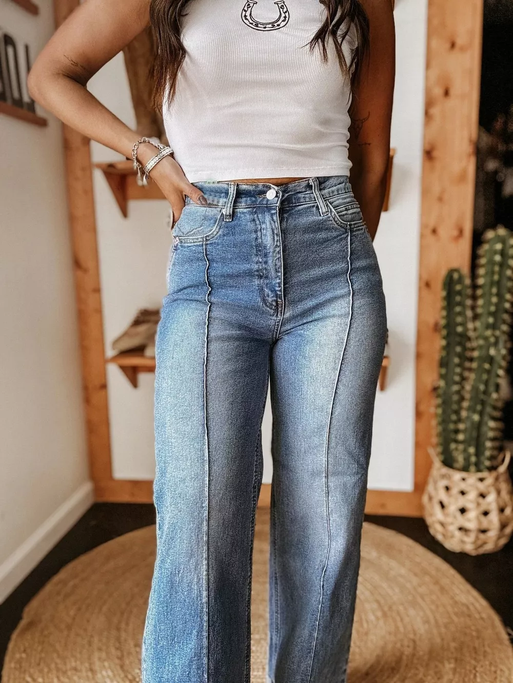 High-Waisted Wide Leg Cuffed Jeans, image 2