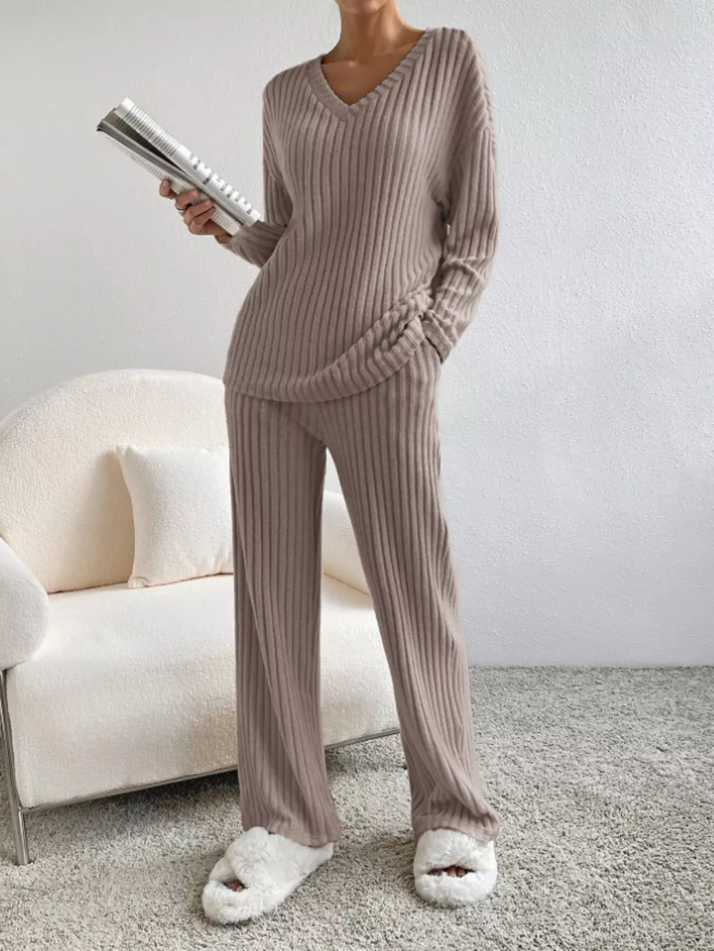 Ribbed Knit Long Sleeve Top and Pants Set, image 5