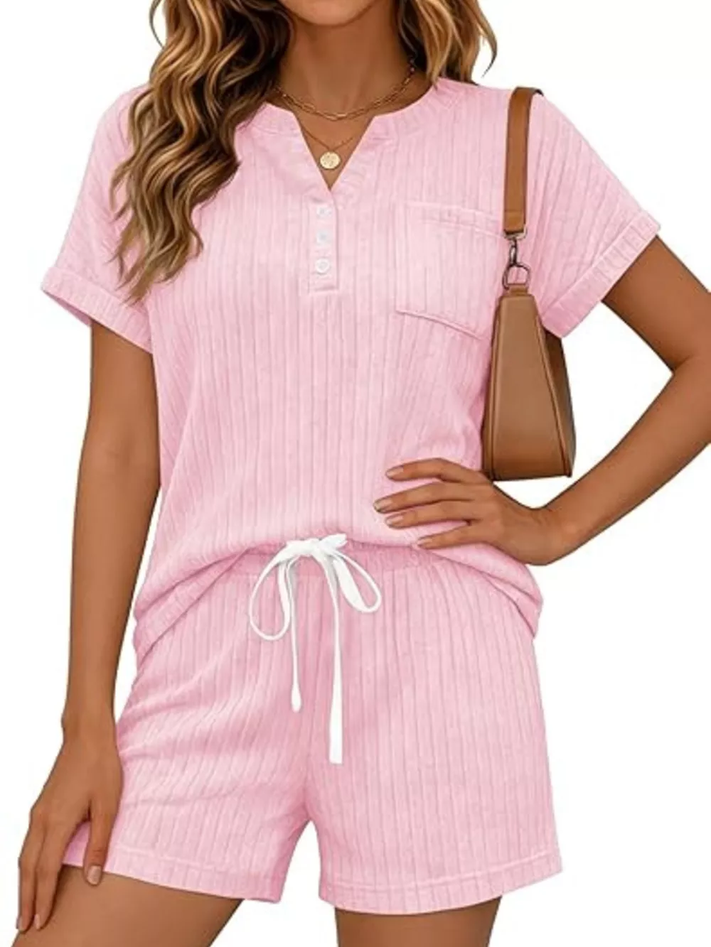 Casual Ribbed Knit Tee and Shorts Set, image 24
