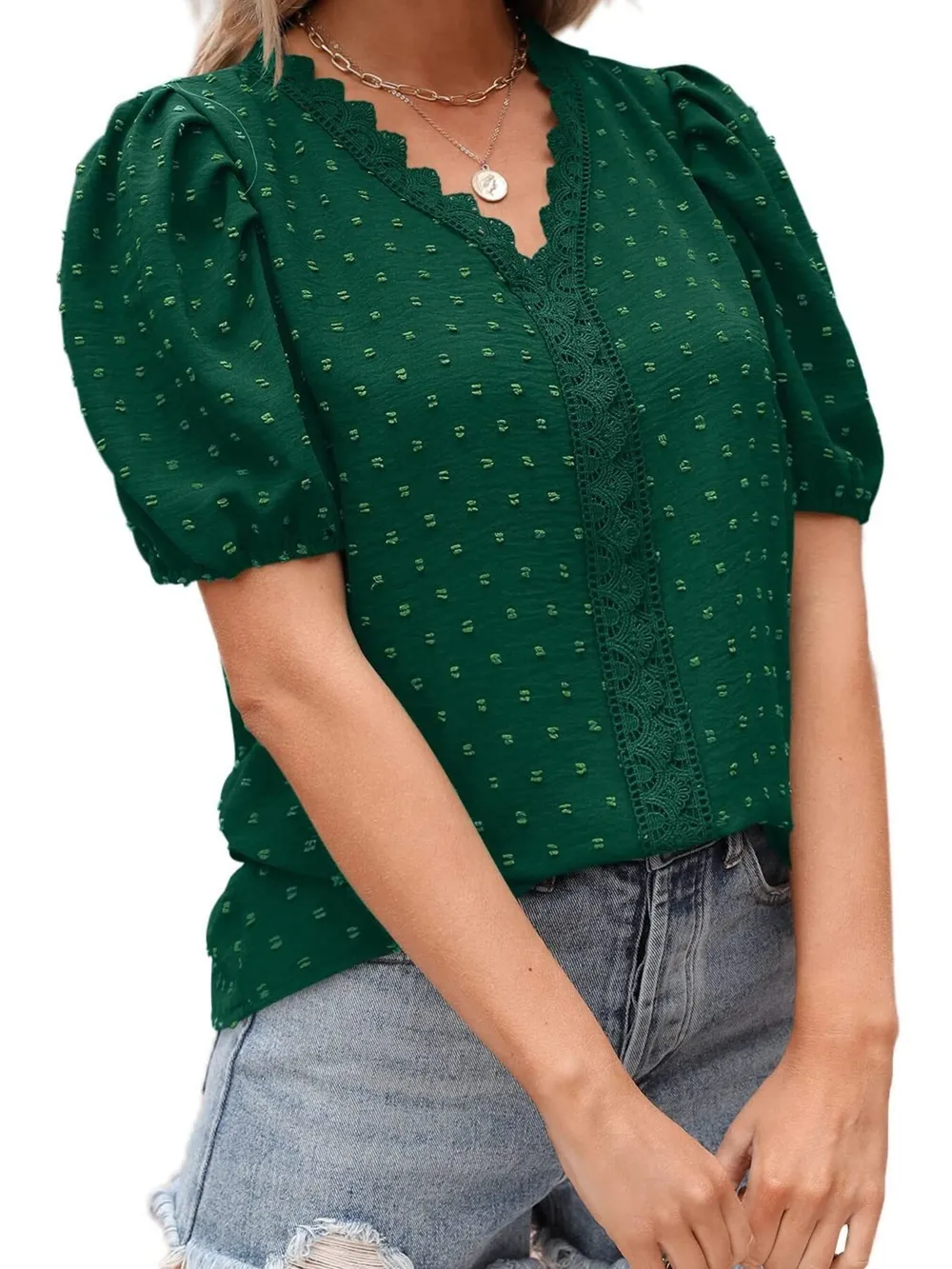 Puff Sleeve Swiss Dot Lace Trim Blouse, image 23
