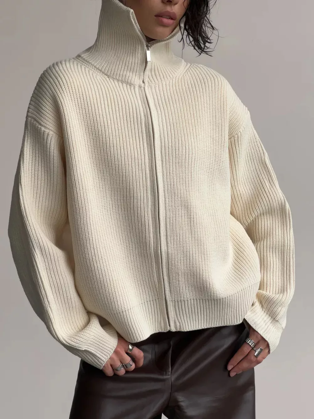 Zip-Up Ribbed Knit Cardigan, image 8