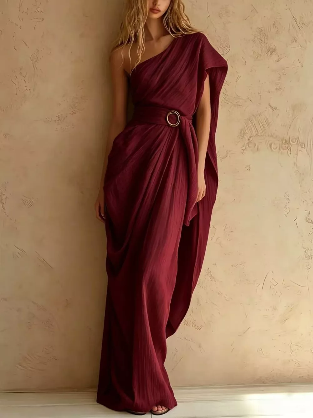 One-Shoulder Draped Maxi Dress with Waist Buckle, image 7