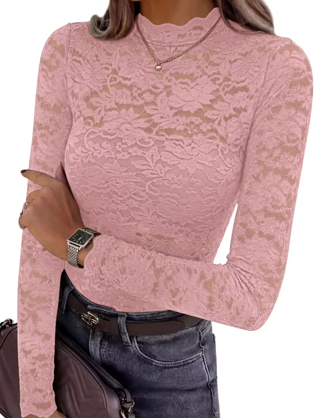 Mock Neck Floral Lace Long Sleeve Blouse, image 16