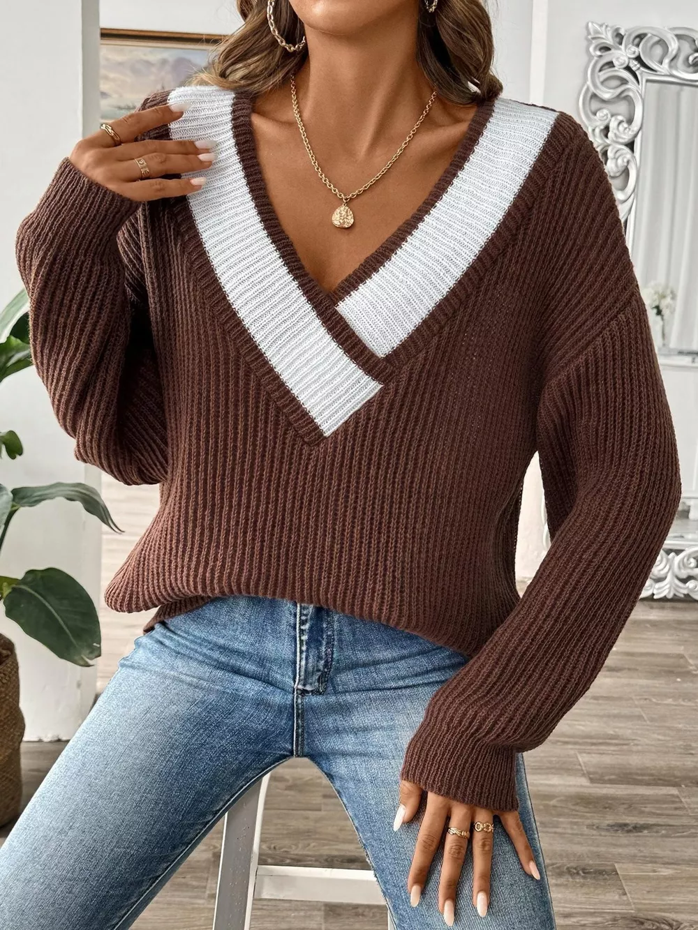 Contrast Trim V-Neck Ribbed Sweater, image 7