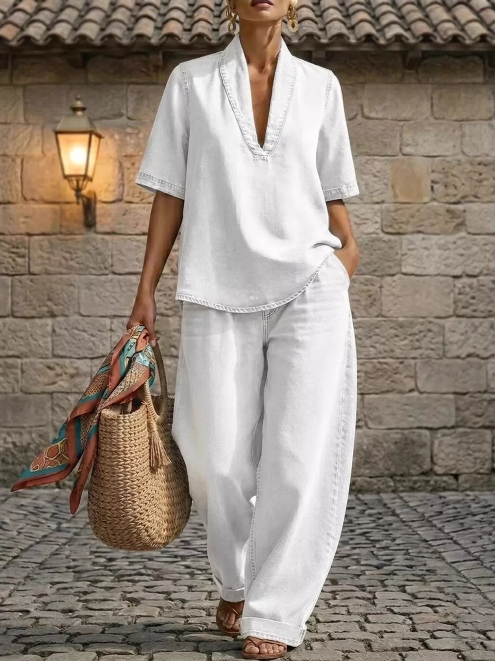 Full Size Half Sleeve Top and Wide Leg Pants Set Plus Size, image 9