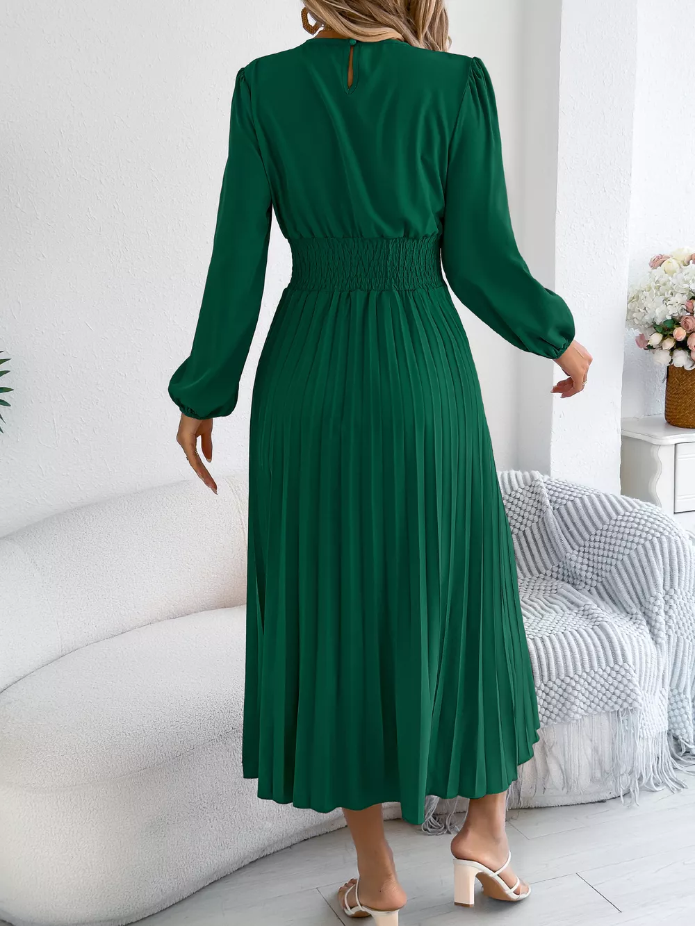 Smocked Pleated Long Sleeve Midi Dress, image 11