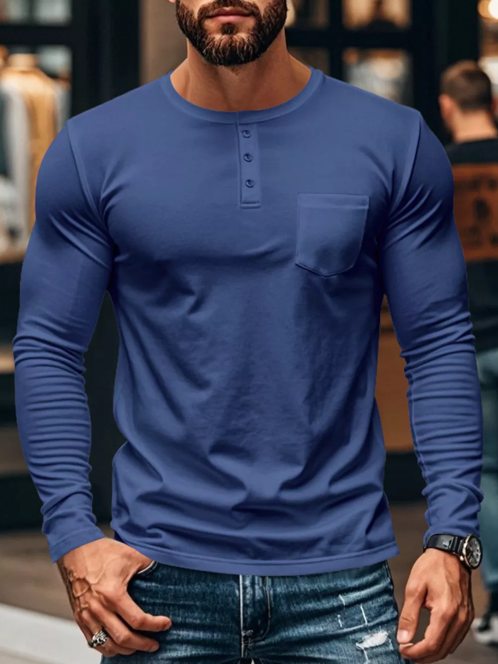 Men's Plus Size Casual Long Sleeve Henley T-Shirt with Pocket, image 10